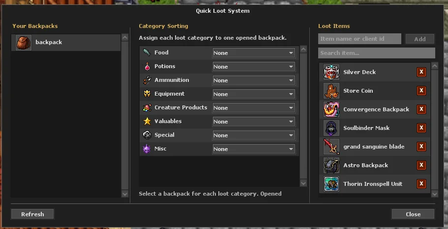 Quick Loot: backpacks, categories and loot list