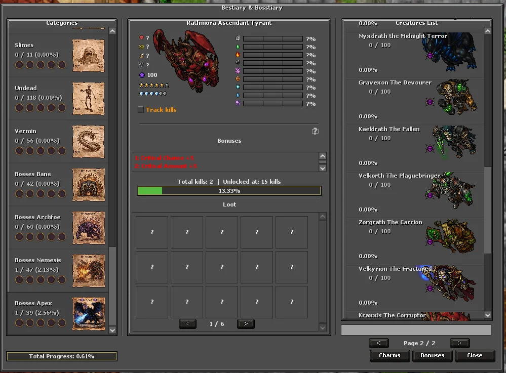 Bestiary creature details and progress