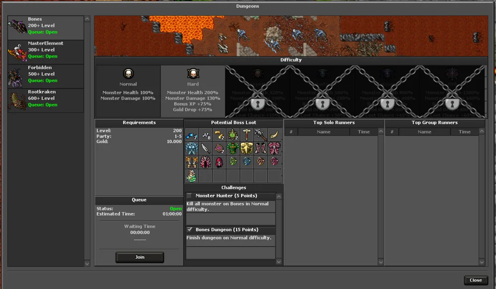 Dungeon selection, requirements and rewards