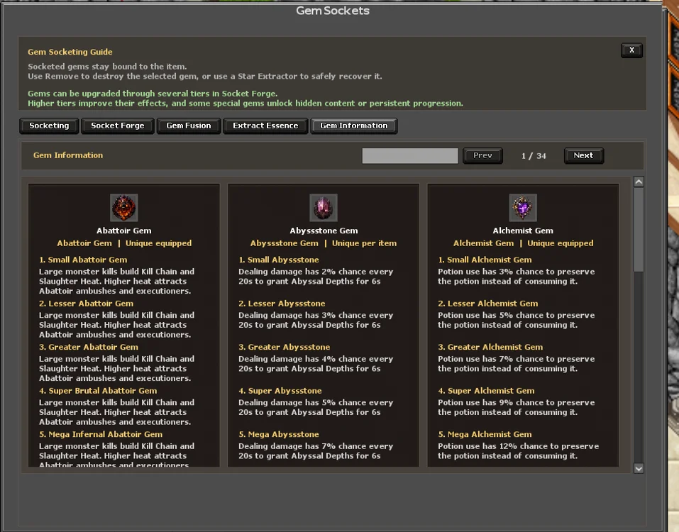 Gem information and available bonuses